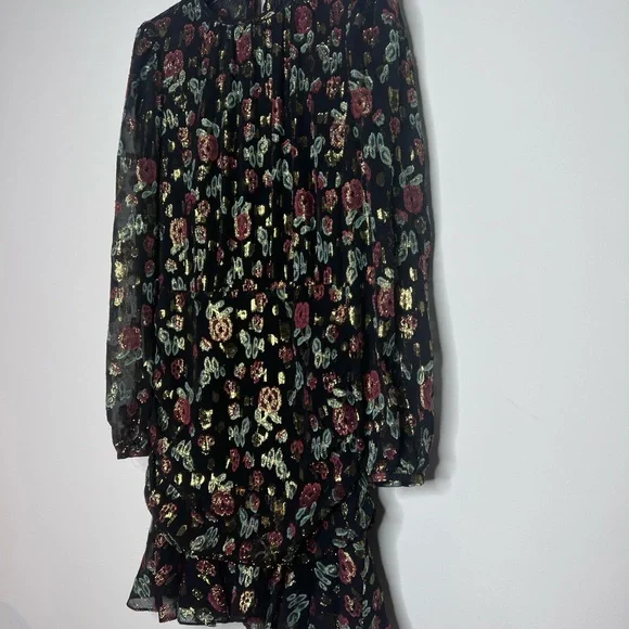 VERONICA BEARD Robin Long Sleeve Metallic Silk Mini Dress Black Floral Sz 2. - Picture 4 of 7